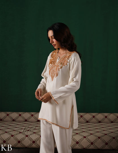 Kashmiri Golden Boti Tilla Embroidered Woollen Coordset – White | Handcrafted Heritage - Kashmir Box