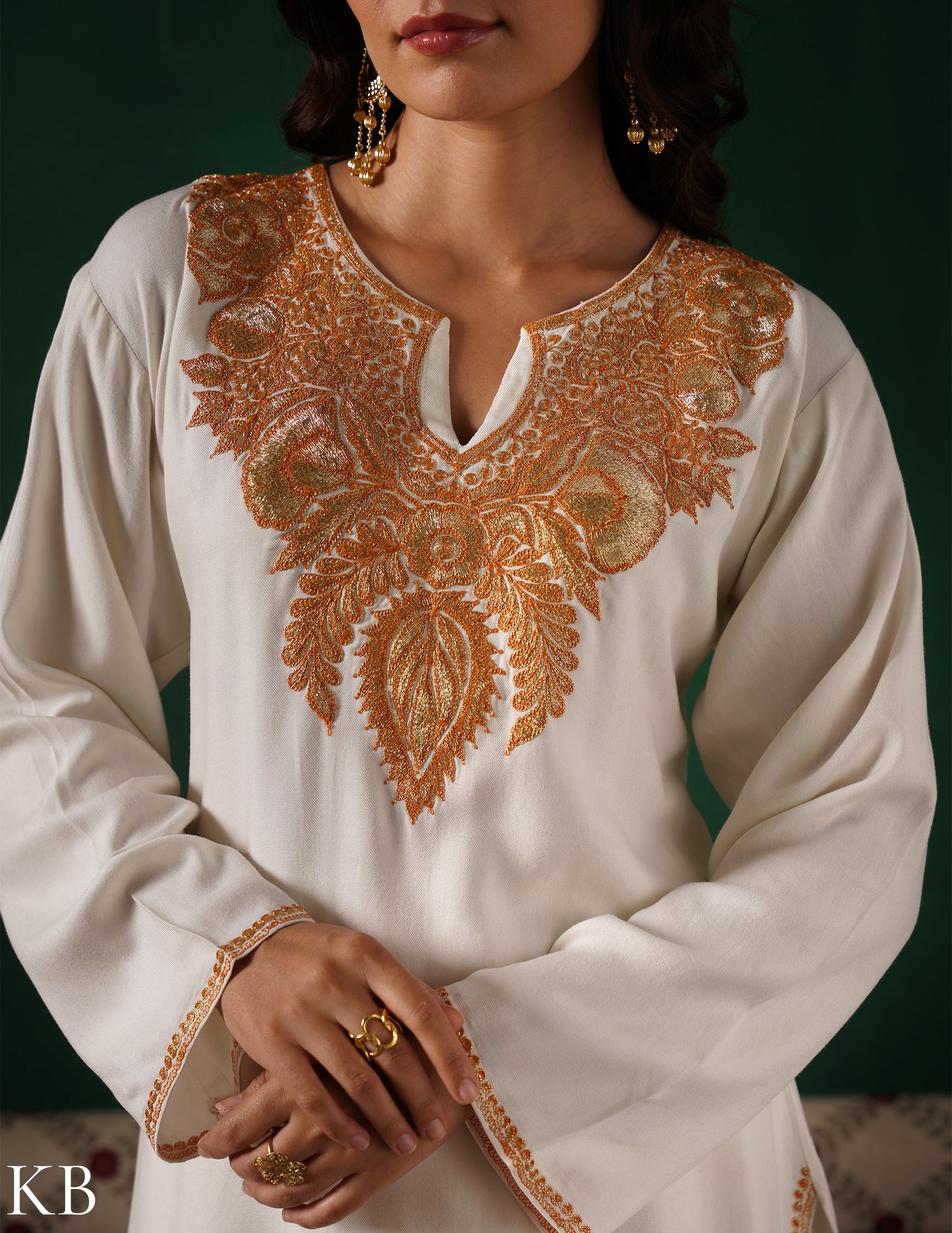 Kashmiri Golden Boti Tilla Embroidered Woollen Coordset – White | Handcrafted Heritage - Kashmir Box