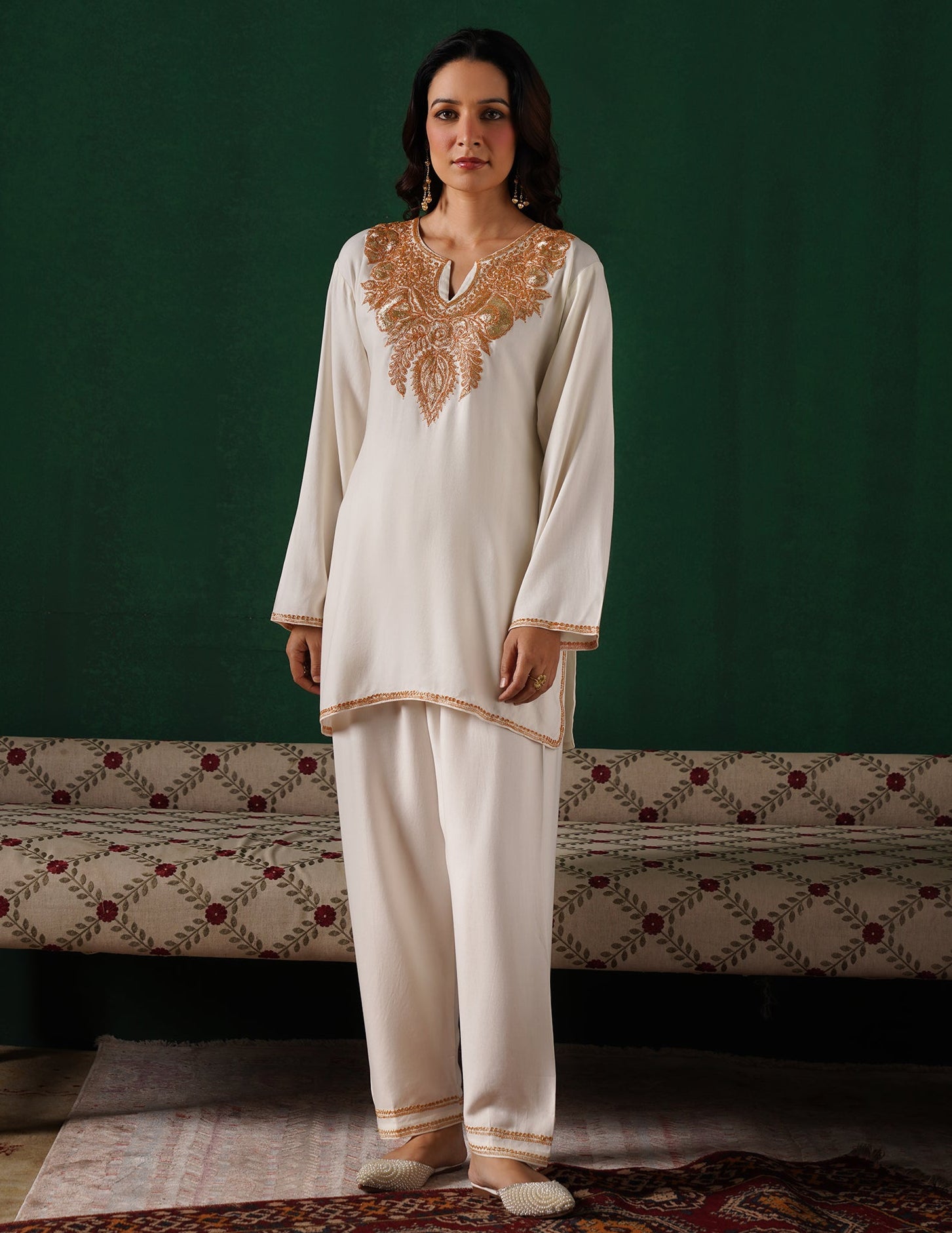 Kashmiri Golden Boti Tilla Embroidered Woollen Coordset – White | Handcrafted Heritage - Kashmir Box