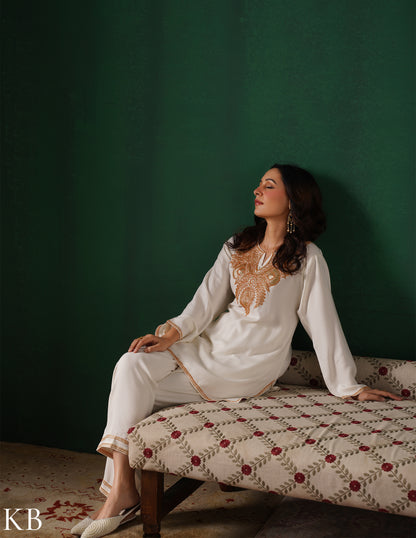 Kashmiri Golden Boti Tilla Embroidered Woollen Coordset – White | Handcrafted Heritage - Kashmir Box