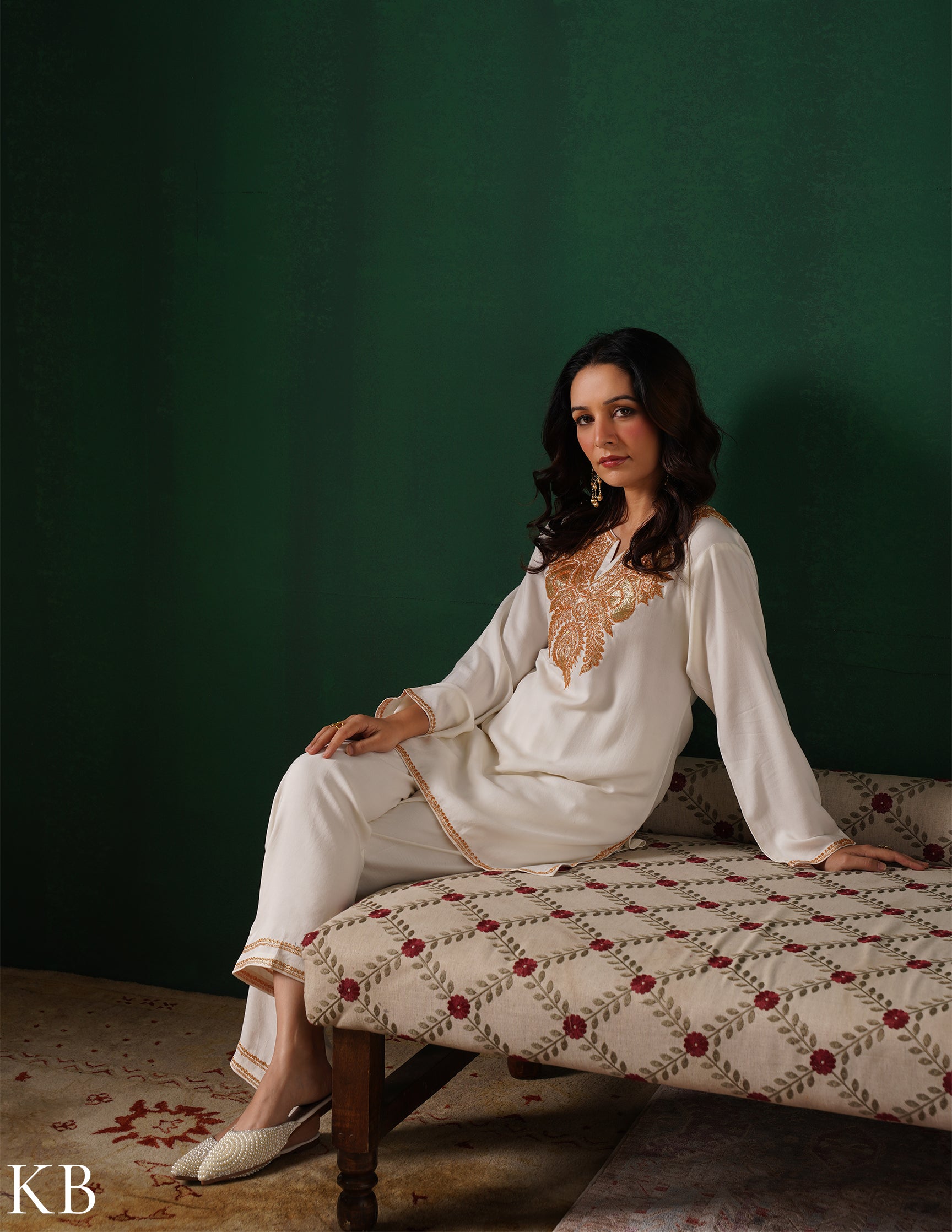 Kashmiri Golden Boti Tilla Embroidered Woollen Coordset – White | Handcrafted Heritage - Kashmir Box