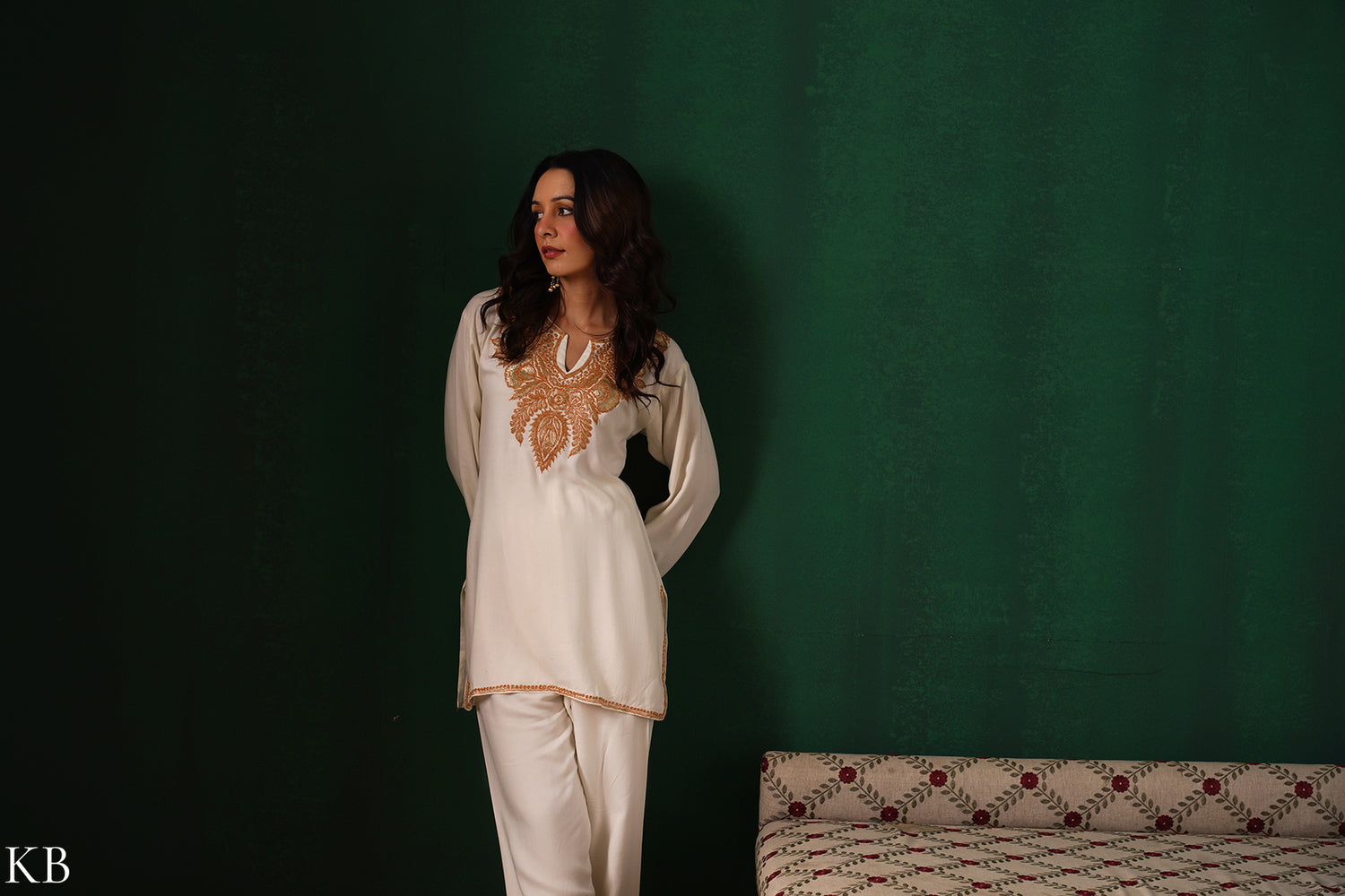 Kashmiri Golden Boti Tilla Embroidered Woollen Coordset – White | Handcrafted Heritage - Kashmir Box