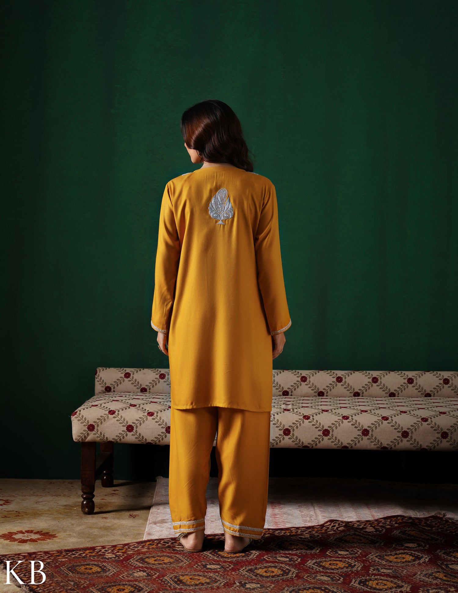 Kashmiri Silver Boti Tilla Embroidered Woollen Coordset – Mustard Yellow | Handcrafted Heritage - Kashmir Box