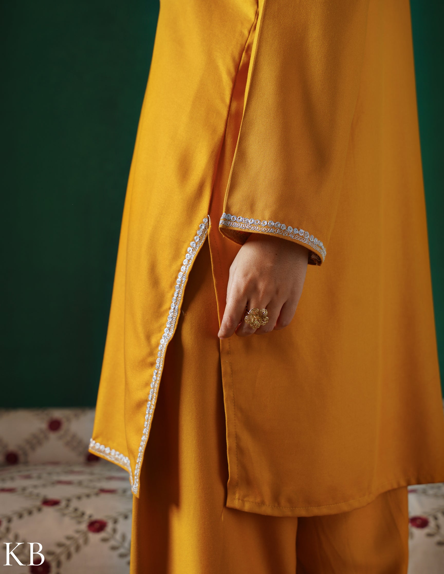 Kashmiri Silver Boti Tilla Embroidered Woollen Coordset – Mustard Yellow | Handcrafted Heritage - Kashmir Box