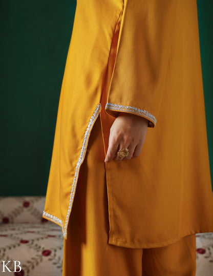 Kashmiri Silver Boti Tilla Embroidered Woollen Coordset – Mustard Yellow | Handcrafted Heritage - Kashmir Box