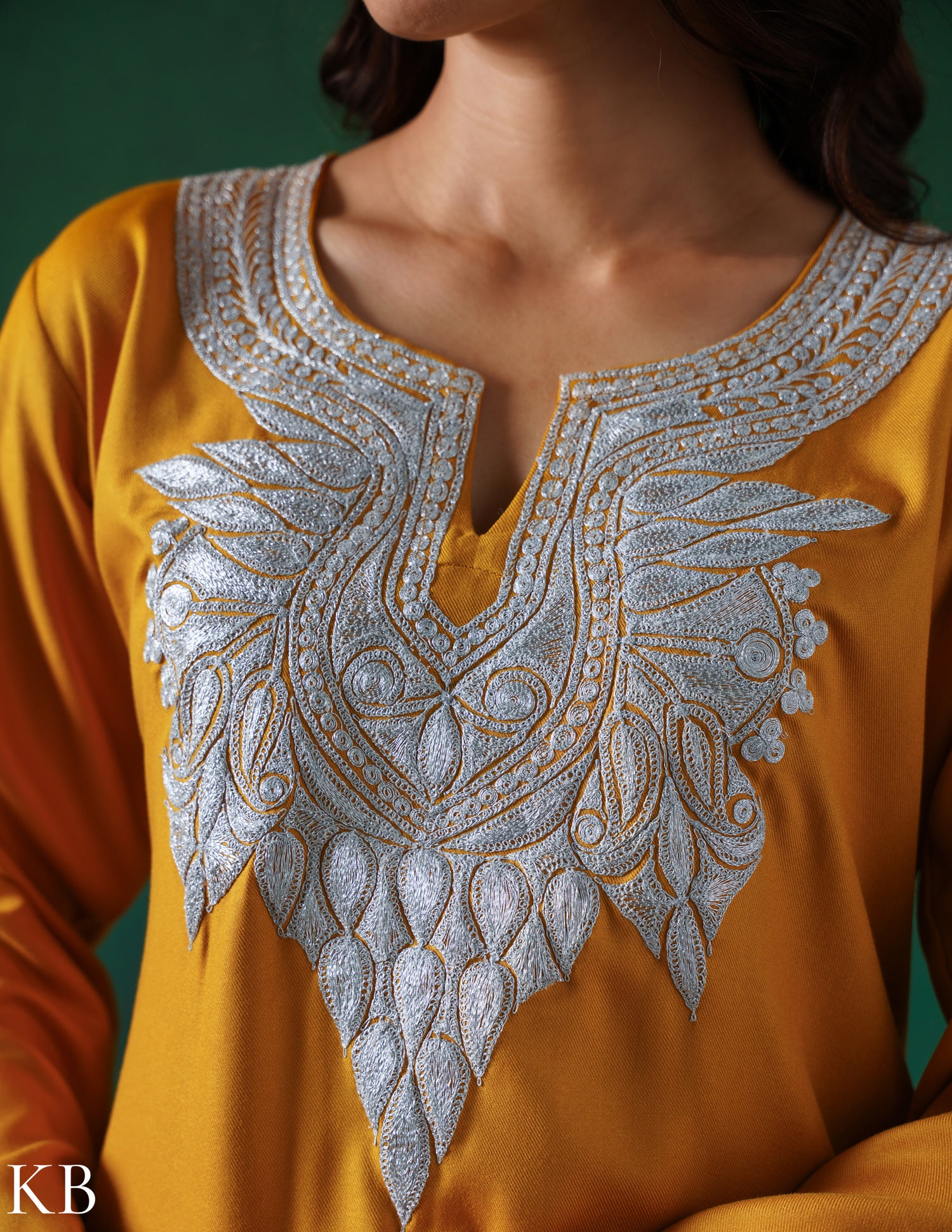 Kashmiri Silver Boti Tilla Embroidered Woollen Coordset – Mustard Yellow | Handcrafted Heritage - Kashmir Box