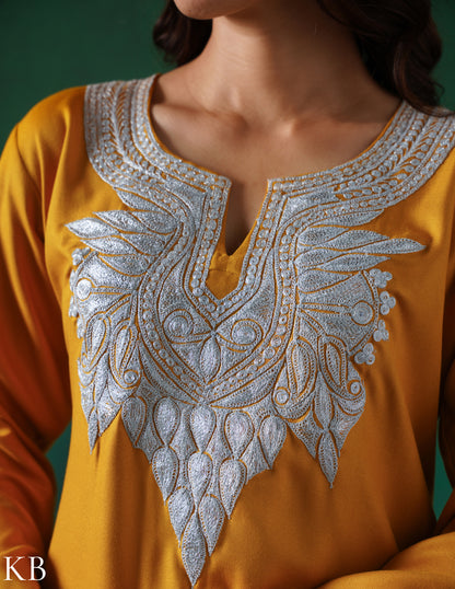 Kashmiri Silver Boti Tilla Embroidered Woollen Coordset – Mustard Yellow | Handcrafted Heritage - Kashmir Box