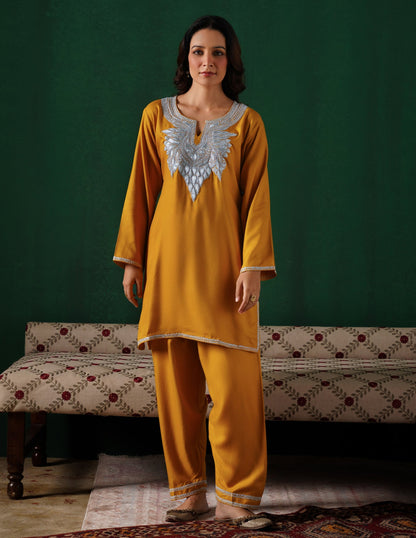 Kashmiri Silver Boti Tilla Embroidered Woollen Coordset – Mustard Yellow | Handcrafted Heritage - Kashmir Box