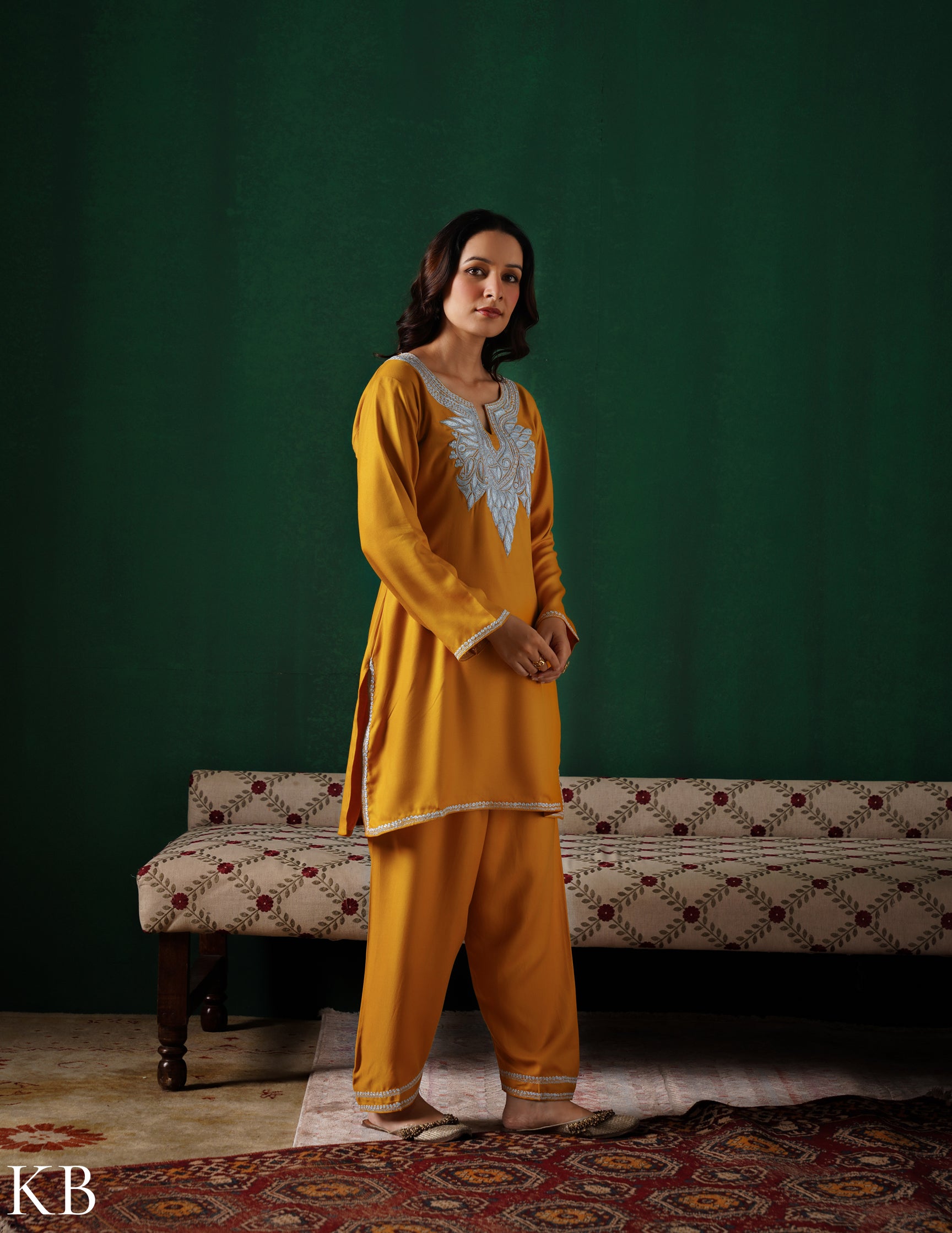 Kashmiri Silver Boti Tilla Embroidered Woollen Coordset – Mustard Yellow | Handcrafted Heritage - Kashmir Box