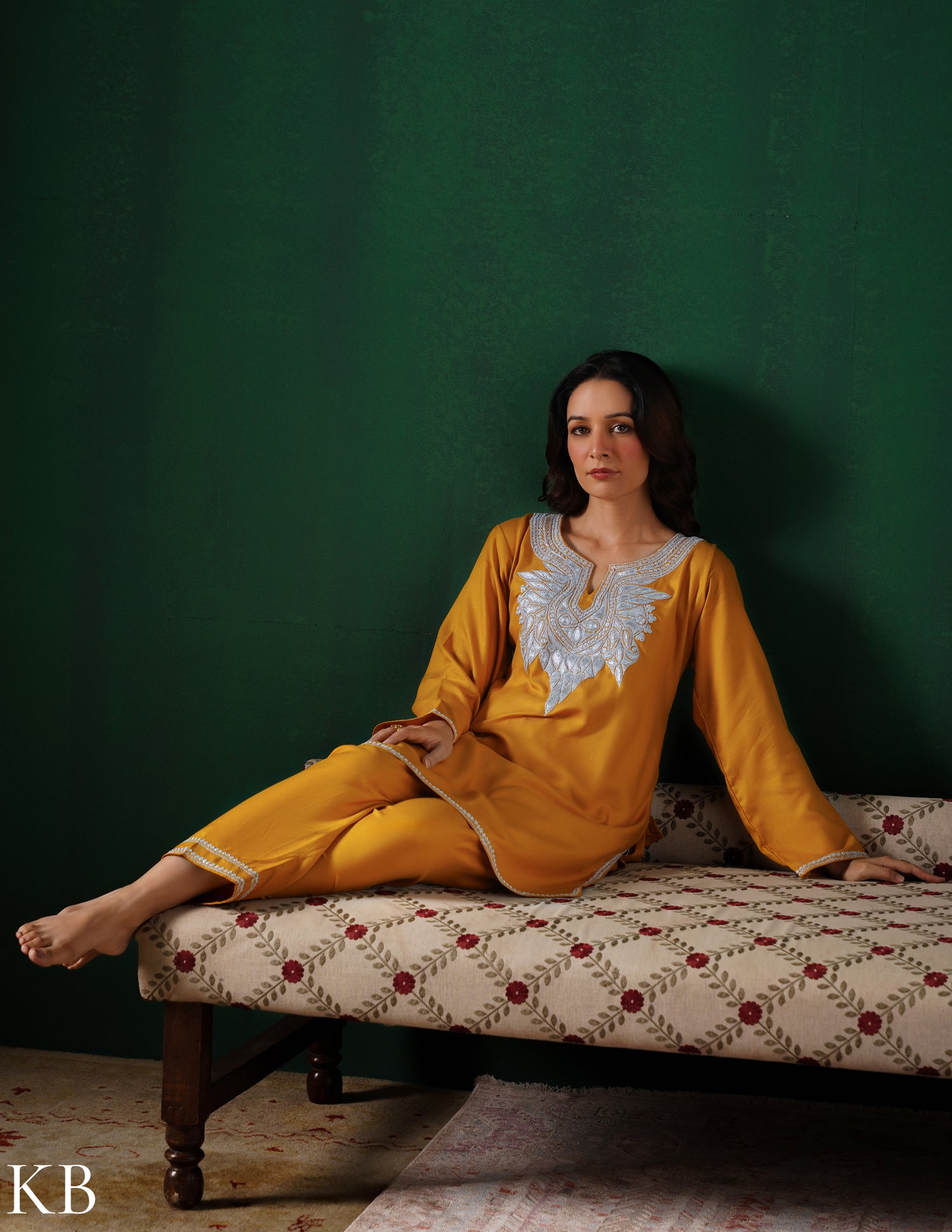 Kashmiri Silver Boti Tilla Embroidered Woollen Coordset – Mustard Yellow | Handcrafted Heritage - Kashmir Box