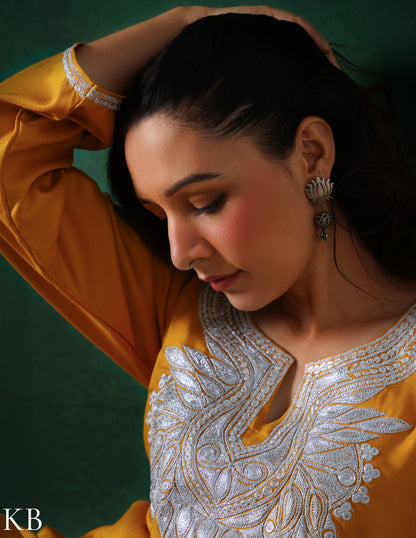 Kashmiri Silver Boti Tilla Embroidered Woollen Coordset – Mustard Yellow | Handcrafted Heritage - Kashmir Box