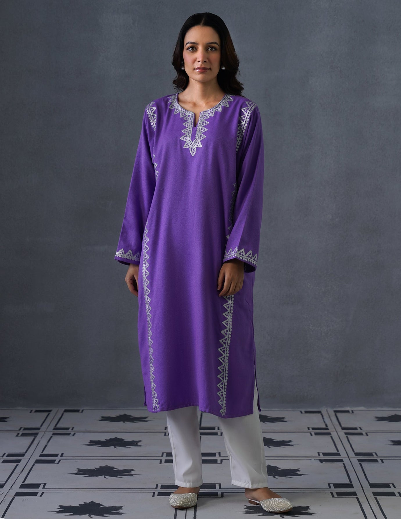 Kashmiri Silver Zari Embroidered Woollen Phiran – Purple | Timeless Winter Wear - Kashmir Box