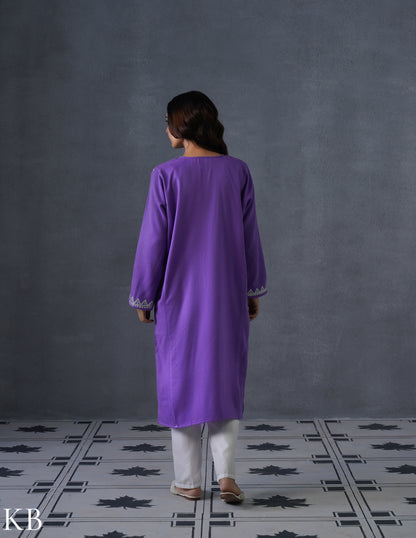 Kashmiri Silver Zari Embroidered Woollen Phiran – Purple | Timeless Winter Wear - Kashmir Box