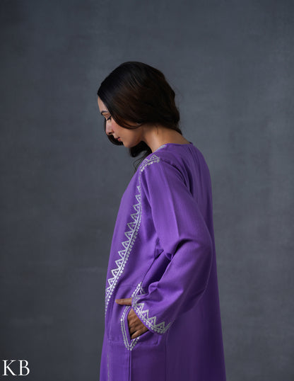 Kashmiri Silver Zari Embroidered Woollen Phiran – Purple | Timeless Winter Wear - Kashmir Box