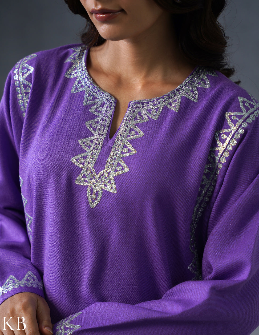 Kashmiri Silver Zari Embroidered Woollen Phiran – Purple | Timeless Winter Wear - Kashmir Box