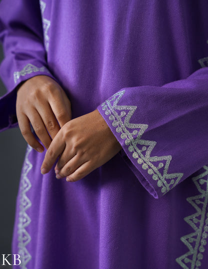 Kashmiri Silver Zari Embroidered Woollen Phiran – Purple | Timeless Winter Wear - Kashmir Box