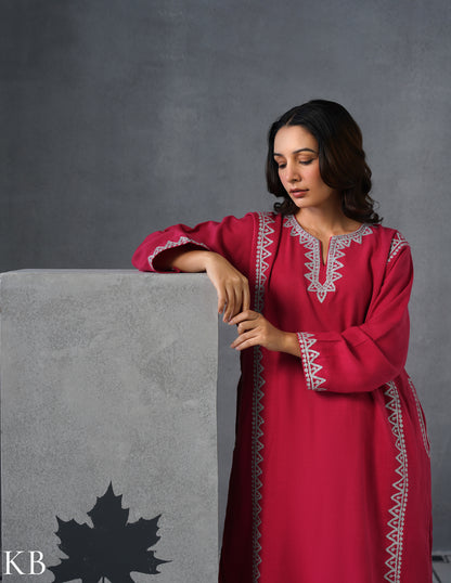Kashmiri Silver Zari Embroidered Woollen Phiran – Pink | Timeless Winter Wear - Kashmir Box