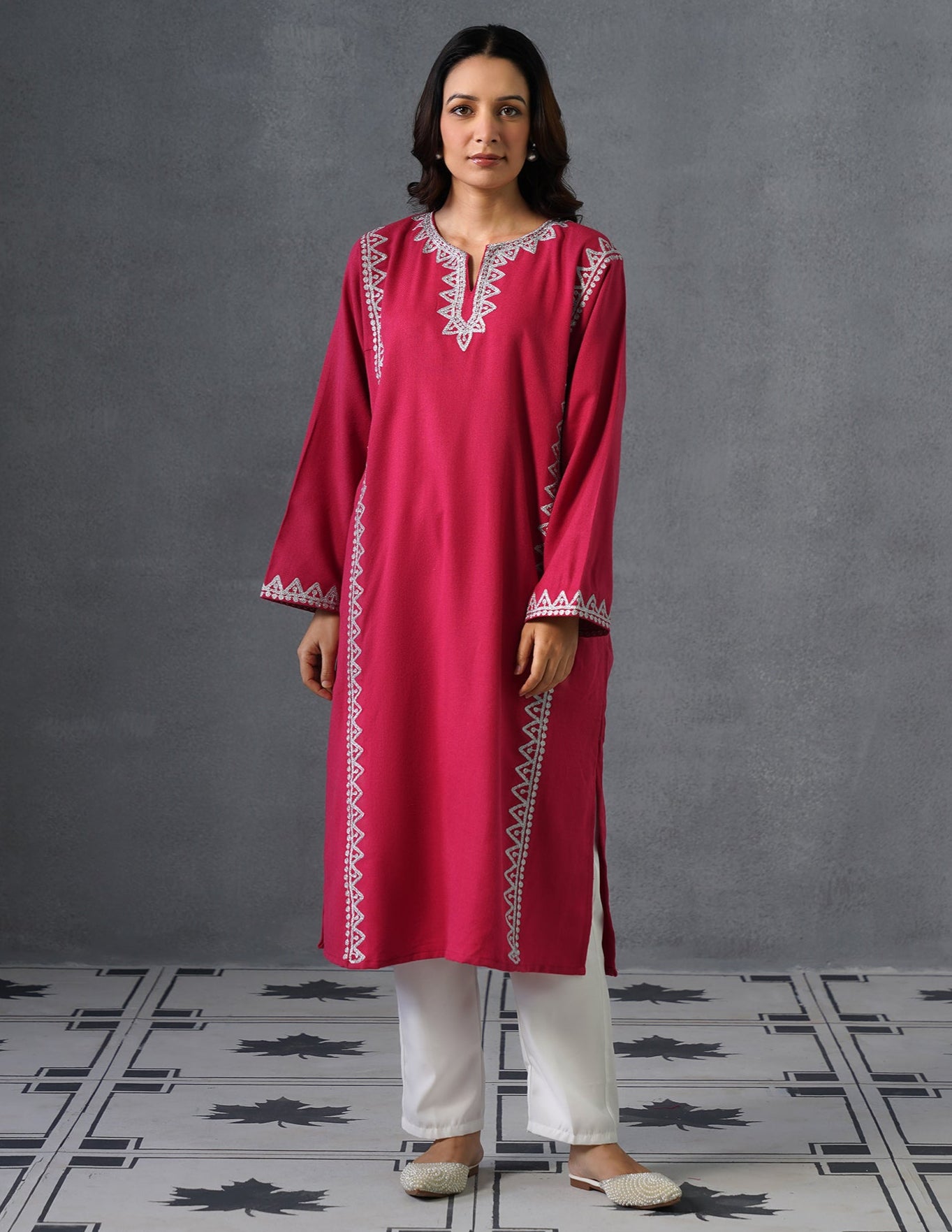 Kashmiri Silver Zari Embroidered Woollen Phiran – Pink | Timeless Winter Wear - Kashmir Box