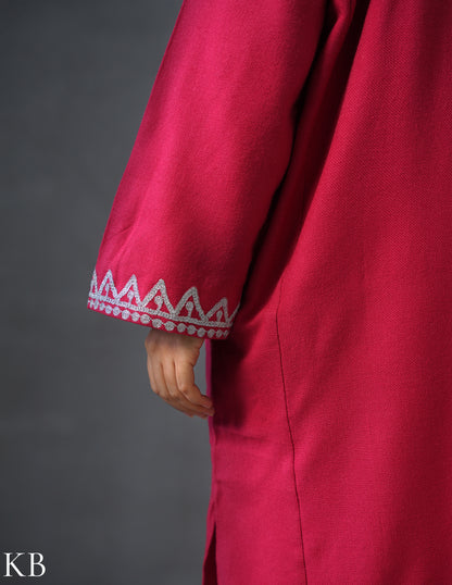 Kashmiri Silver Zari Embroidered Woollen Phiran – Pink | Timeless Winter Wear - Kashmir Box