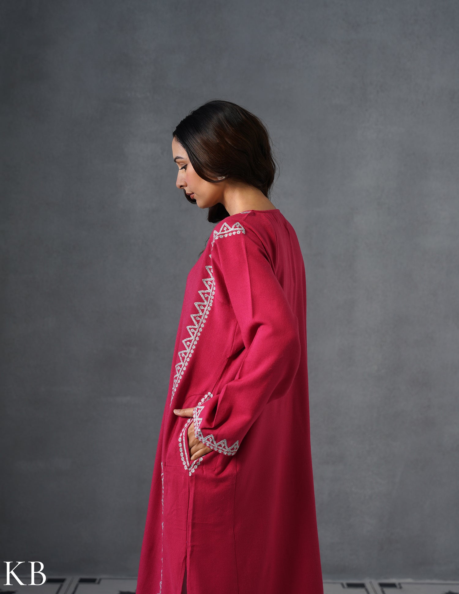 Kashmiri Silver Zari Embroidered Woollen Phiran – Pink | Timeless Winter Wear - Kashmir Box