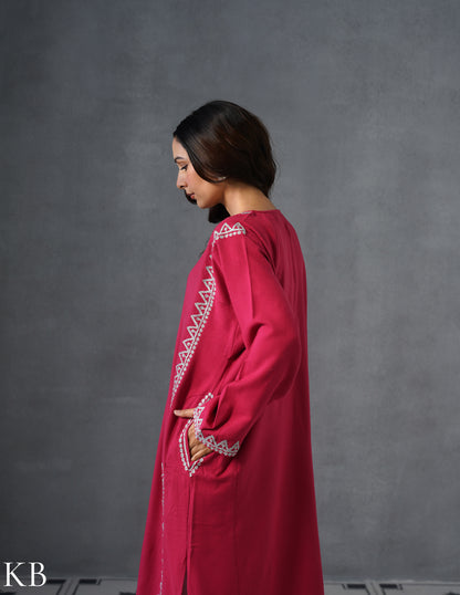 Kashmiri Silver Zari Embroidered Woollen Phiran – Pink | Timeless Winter Wear - Kashmir Box