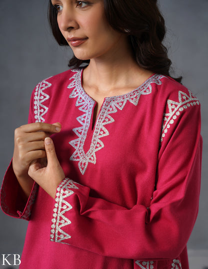 Kashmiri Silver Zari Embroidered Woollen Phiran – Pink | Timeless Winter Wear - Kashmir Box