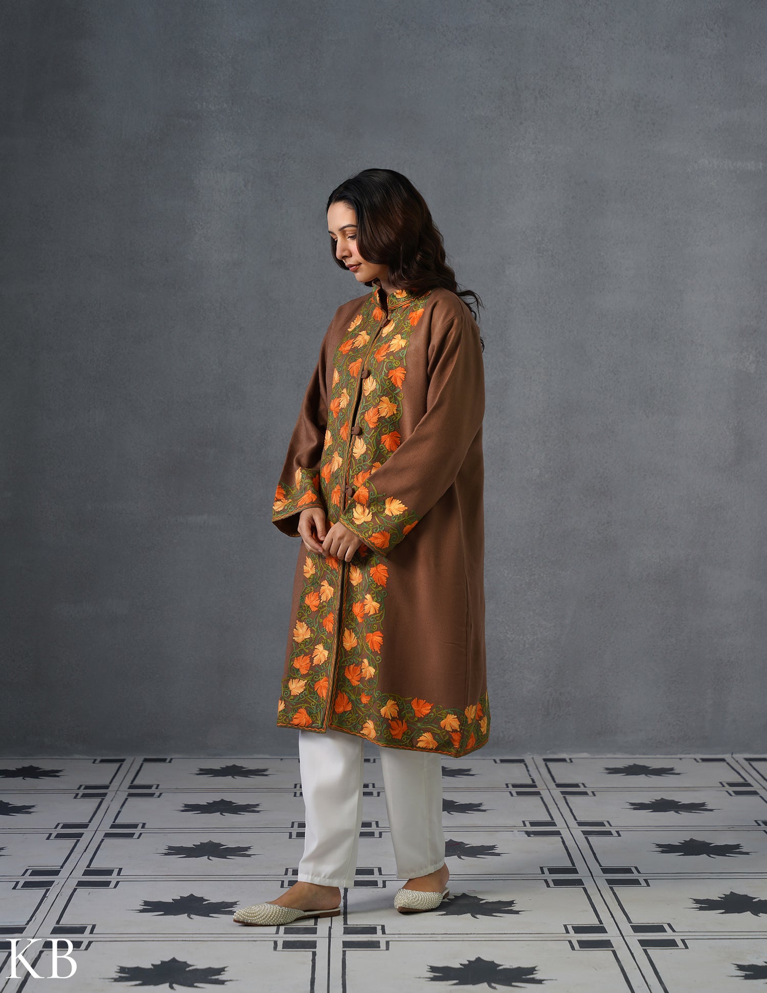 Nayaab Kashmiri Aari Embroidered Long Winter Jacket – Tea Brown | Festive Wear - Kashmir Box