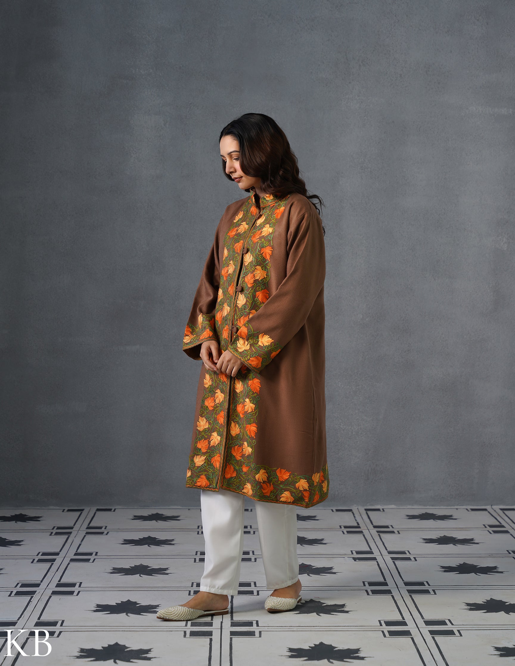 Nayaab Kashmiri Aari Embroidered Long Winter Jacket – Tea Brown | Festive Wear - Kashmir Box