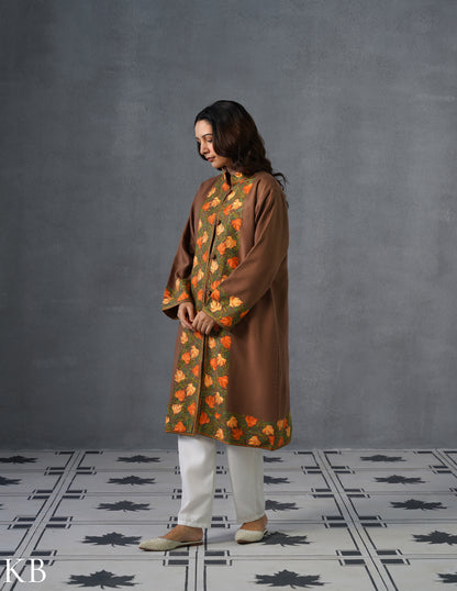 Nayaab Kashmiri Aari Embroidered Long Winter Jacket – Tea Brown | Festive Wear - Kashmir Box