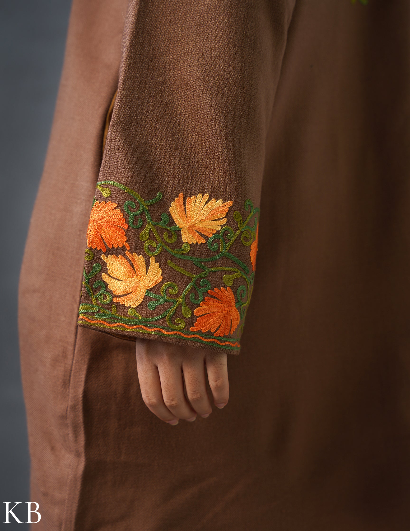 Nayaab Kashmiri Aari Embroidered Long Winter Jacket – Tea Brown | Festive Wear - Kashmir Box