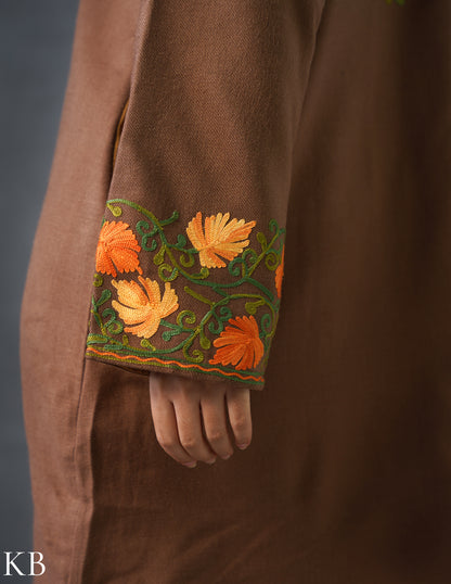 Nayaab Kashmiri Aari Embroidered Long Winter Jacket – Tea Brown | Festive Wear - Kashmir Box