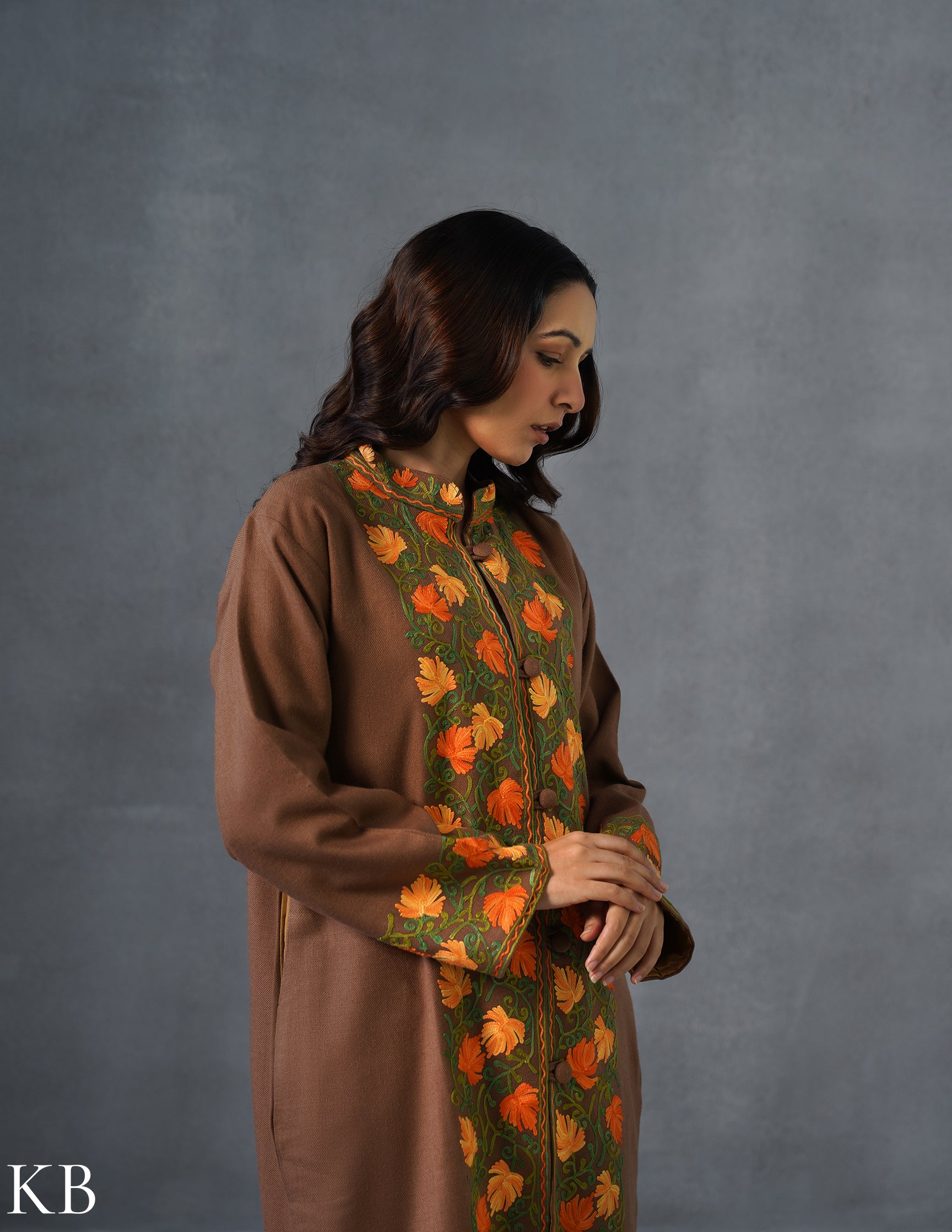 Nayaab Kashmiri Aari Embroidered Long Winter Jacket – Tea Brown | Festive Wear - Kashmir Box