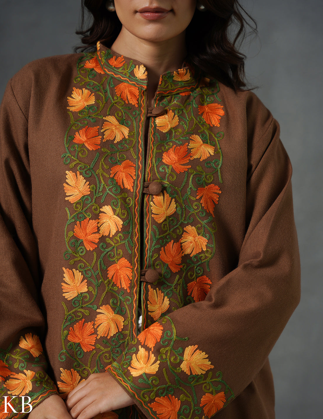 Nayaab Kashmiri Aari Embroidered Long Winter Jacket – Tea Brown | Festive Wear - Kashmir Box