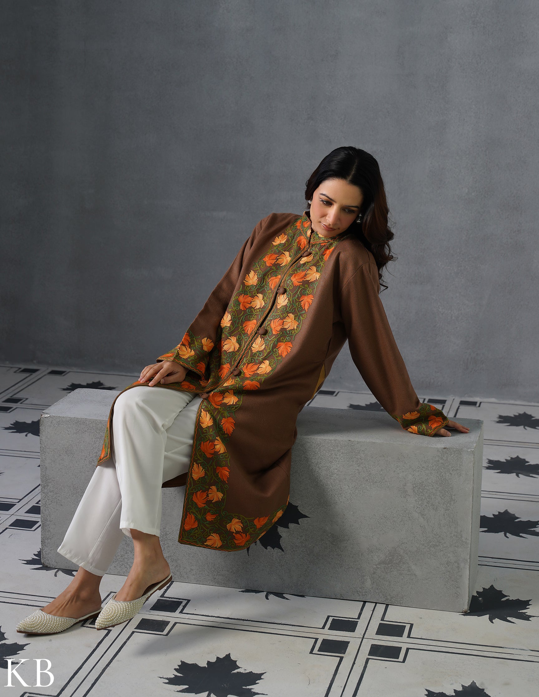 Nayaab Kashmiri Aari Embroidered Long Winter Jacket – Tea Brown | Festive Wear - Kashmir Box