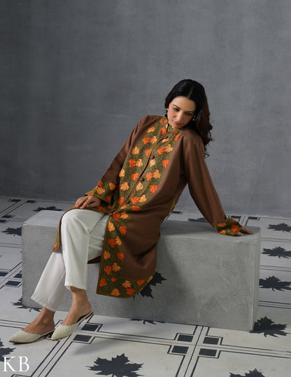 Nayaab Kashmiri Aari Embroidered Long Winter Jacket – Tea Brown | Festive Wear - Kashmir Box