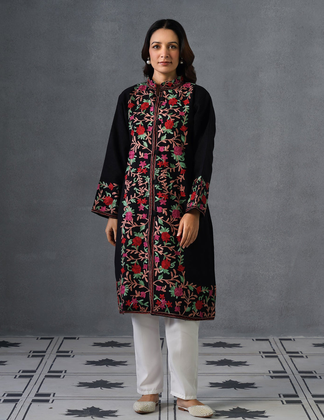 Nayaab Kashmiri Aari Embroidered Winter Jacket – Black | Festive Wear - Kashmir Box