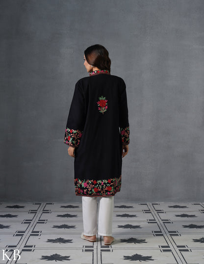 Nayaab Kashmiri Aari Embroidered Winter Jacket – Black | Festive Wear - Kashmir Box