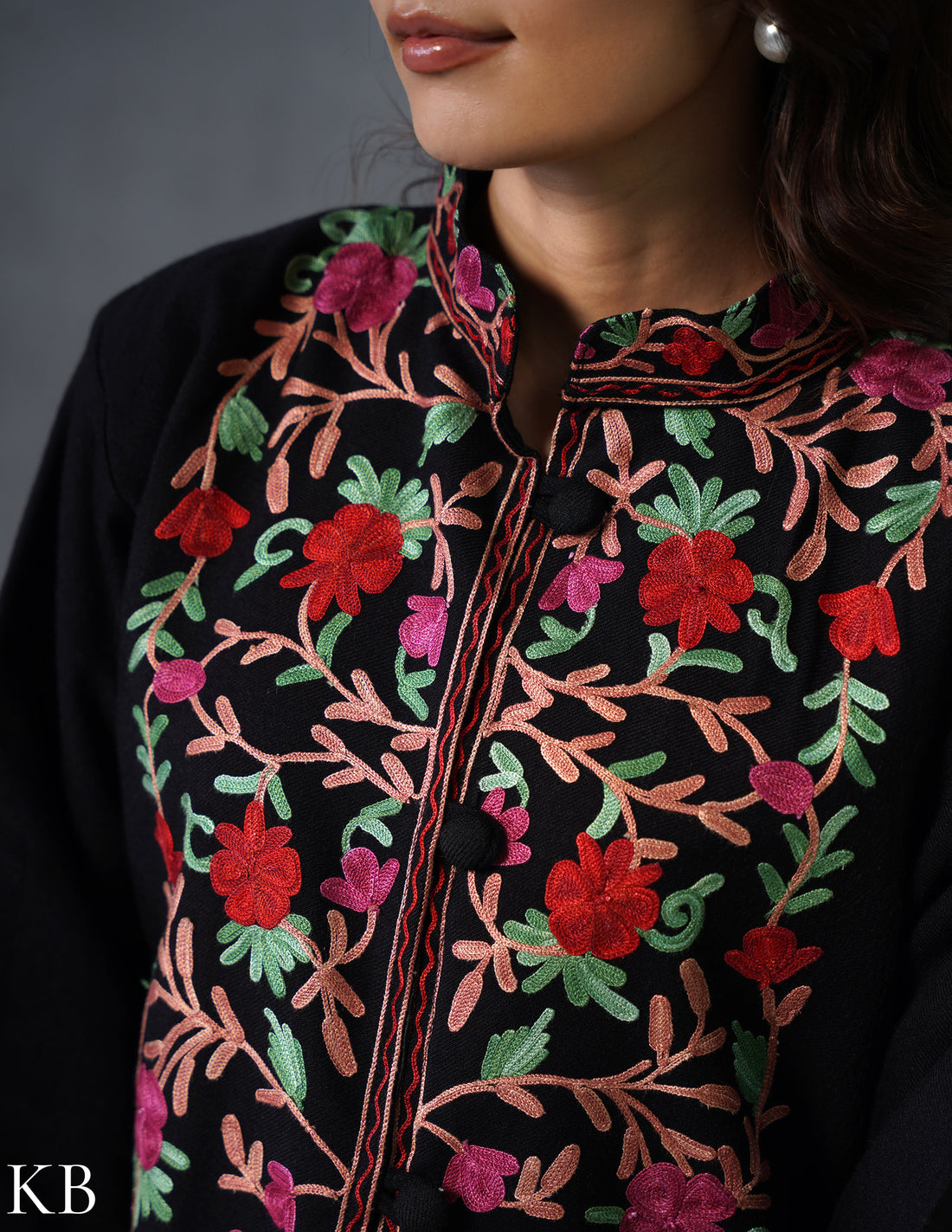 Nayaab Kashmiri Aari Embroidered Winter Jacket – Black | Festive Wear - Kashmir Box