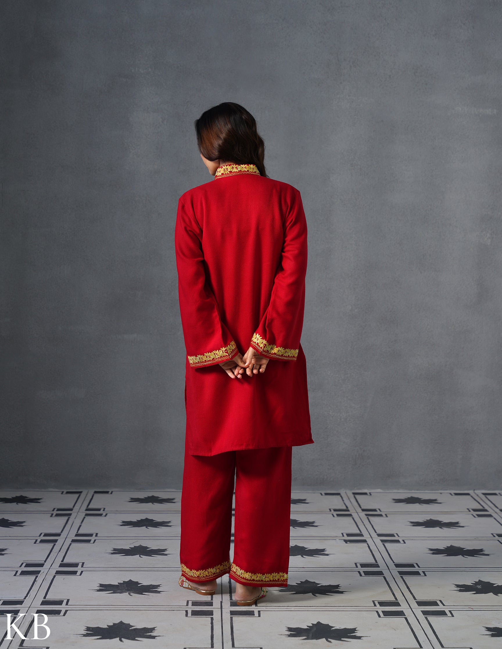 Kashmiri Golden Brown Aari Embroidered Woollen Coordset – Red | Festive Winter Wear - Kashmir Box