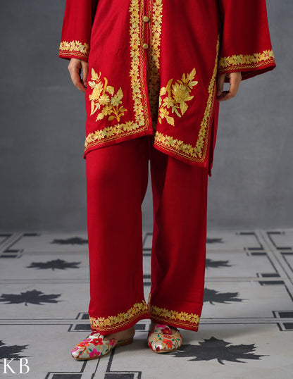Kashmiri Golden Brown Aari Embroidered Woollen Coordset – Red | Festive Winter Wear - Kashmir Box