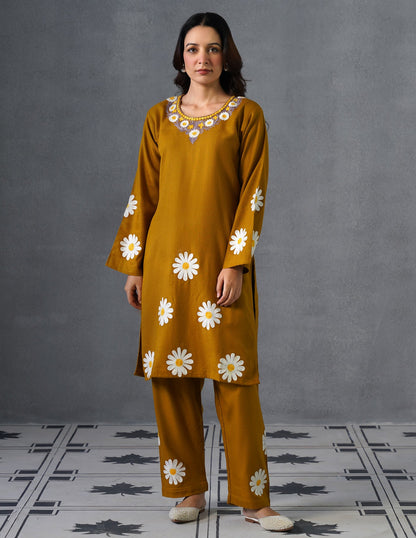 Kashmiri White, Grey &amp; Yellow Aari Embroidered Woollen Coordset – Mustard | Everyday Winter Wear - Kashmir Box