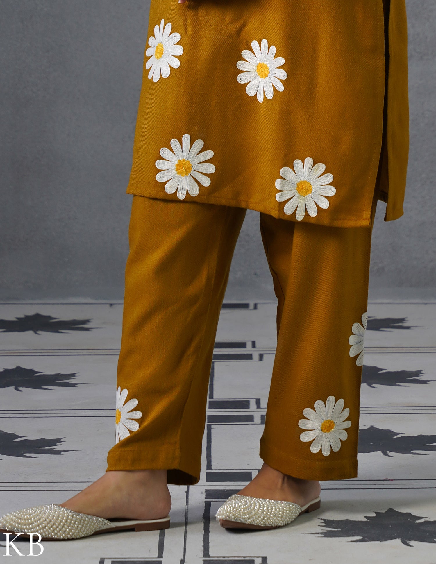 Kashmiri White, Grey &amp; Yellow Aari Embroidered Woollen Coordset – Mustard | Everyday Winter Wear - Kashmir Box