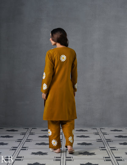 Kashmiri White, Grey &amp; Yellow Aari Embroidered Woollen Coordset – Mustard | Everyday Winter Wear - Kashmir Box