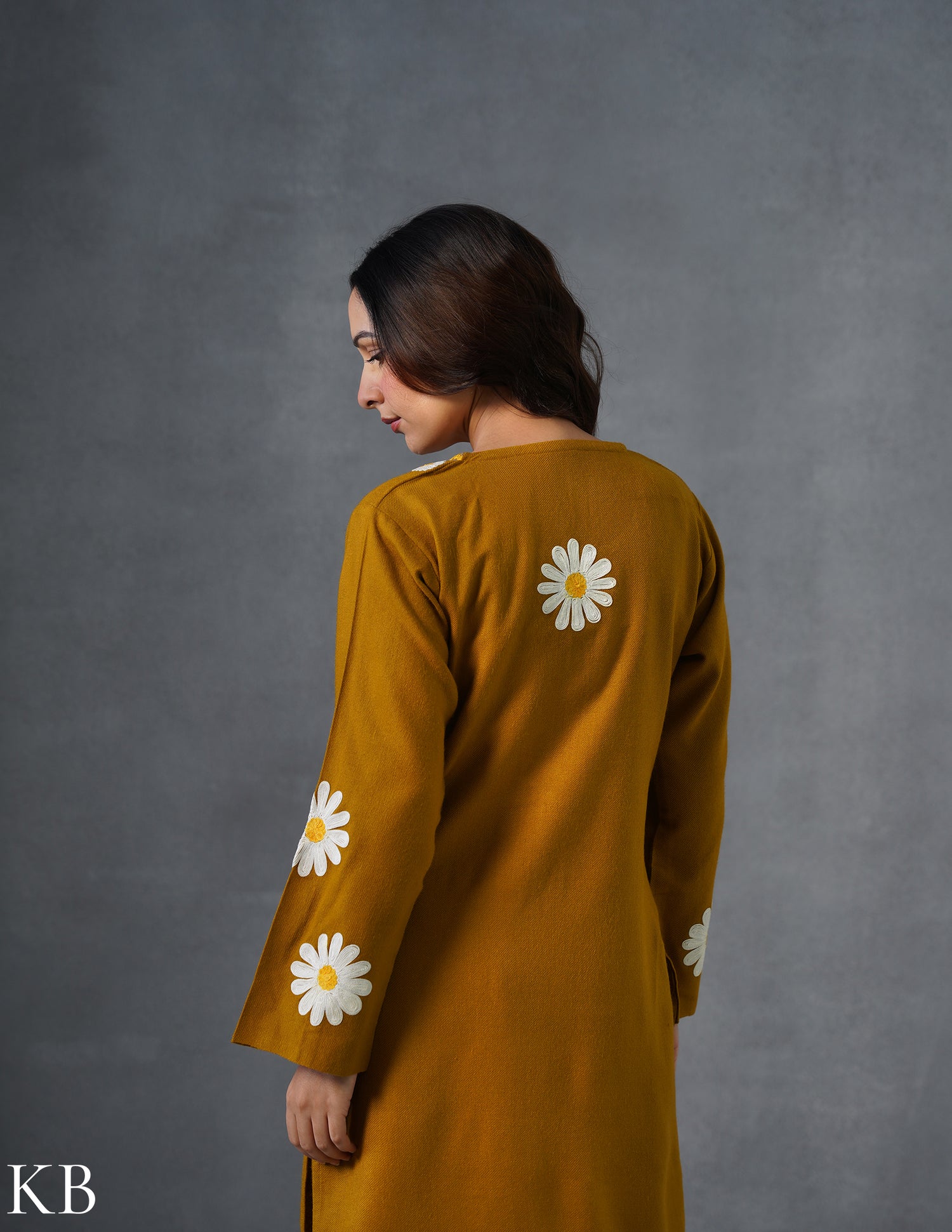 Kashmiri White, Grey &amp; Yellow Aari Embroidered Woollen Coordset – Mustard | Everyday Winter Wear - Kashmir Box