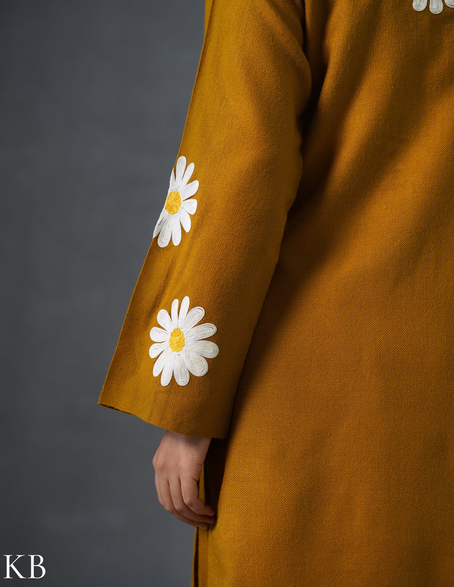 Kashmiri White, Grey &amp; Yellow Aari Embroidered Woollen Coordset – Mustard | Everyday Winter Wear - Kashmir Box