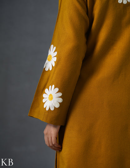 Kashmiri White, Grey &amp; Yellow Aari Embroidered Woollen Coordset – Mustard | Everyday Winter Wear - Kashmir Box
