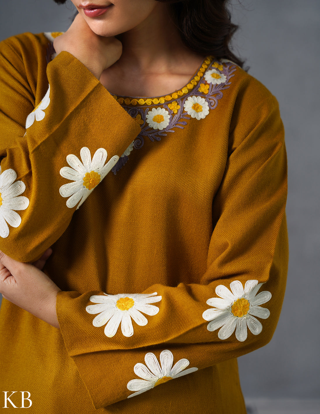 Kashmiri White, Grey &amp; Yellow Aari Embroidered Woollen Coordset – Mustard | Everyday Winter Wear - Kashmir Box