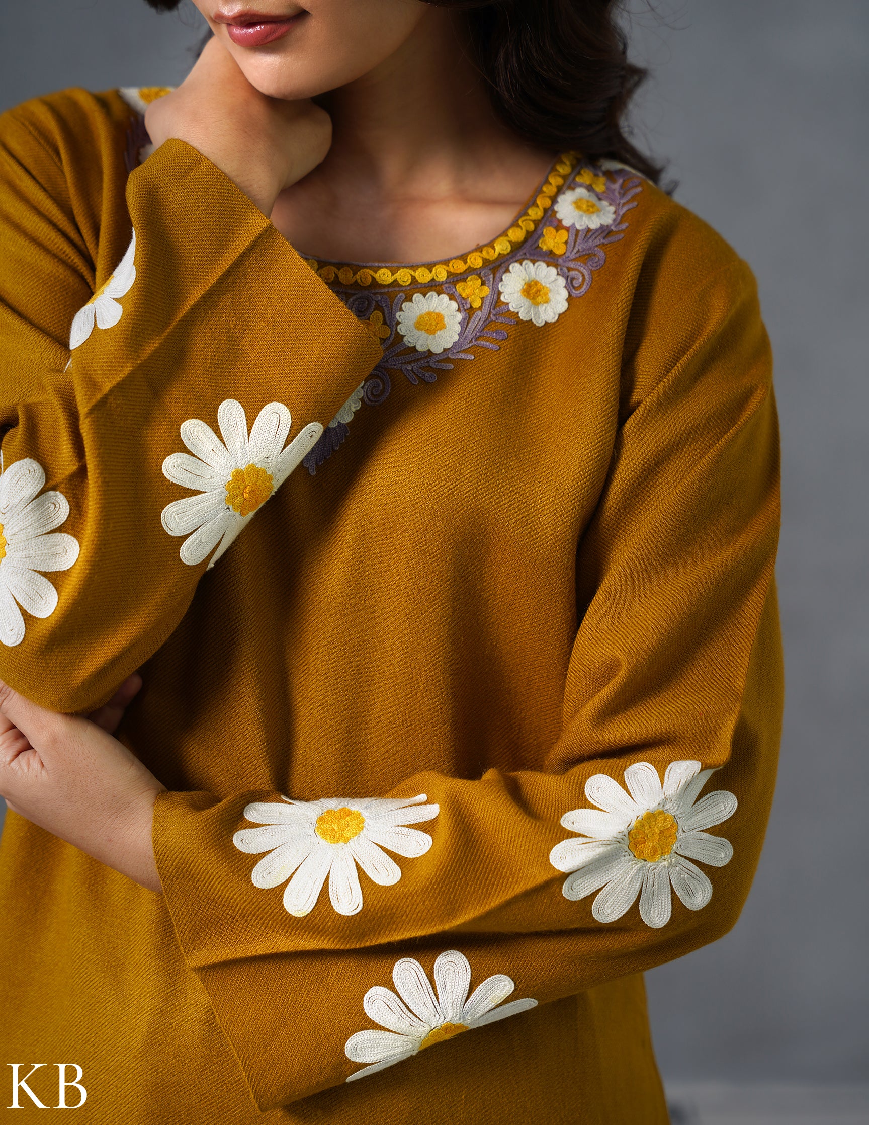 Kashmiri White, Grey &amp; Yellow Aari Embroidered Woollen Coordset – Mustard | Everyday Winter Wear - Kashmir Box