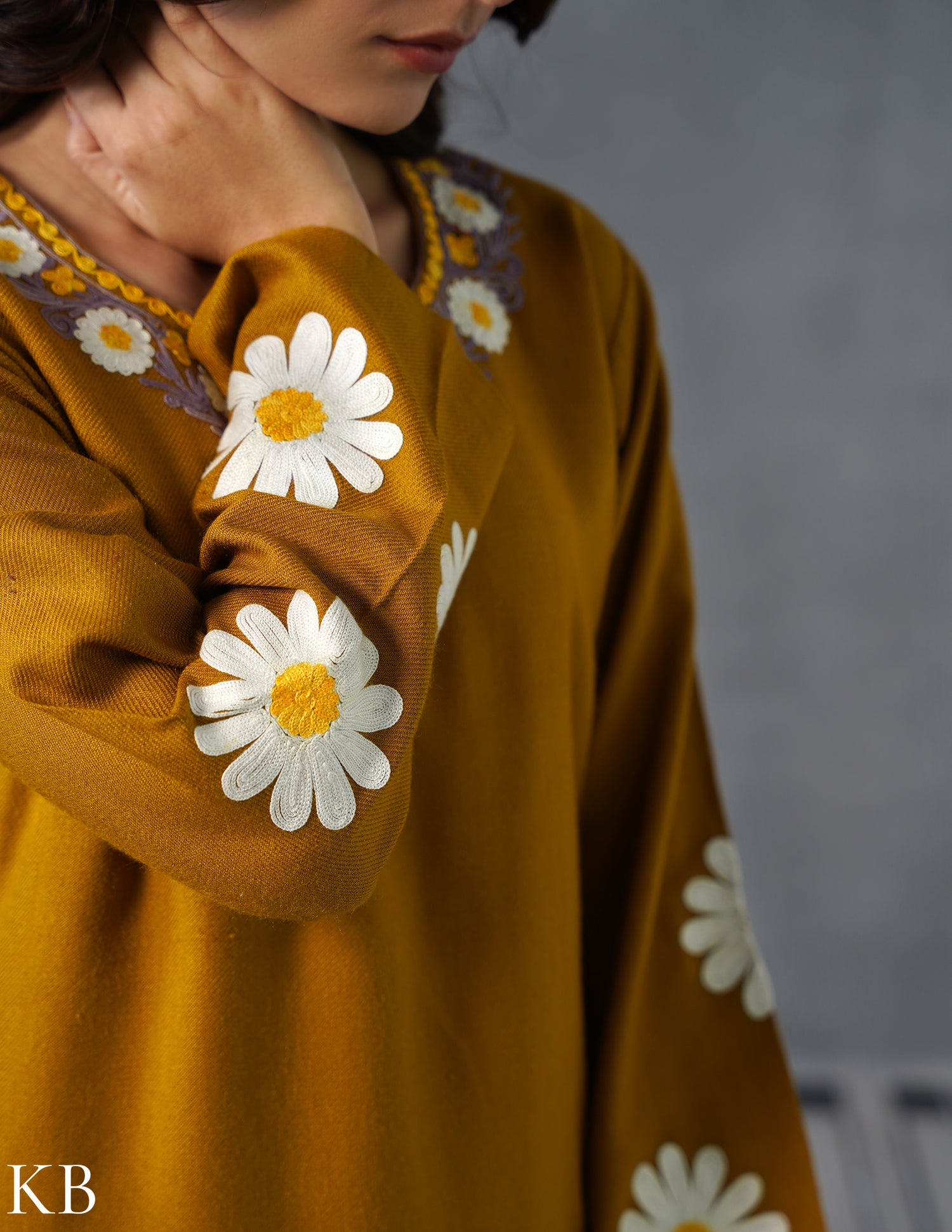 Kashmiri White, Grey &amp; Yellow Aari Embroidered Woollen Coordset – Mustard | Everyday Winter Wear - Kashmir Box