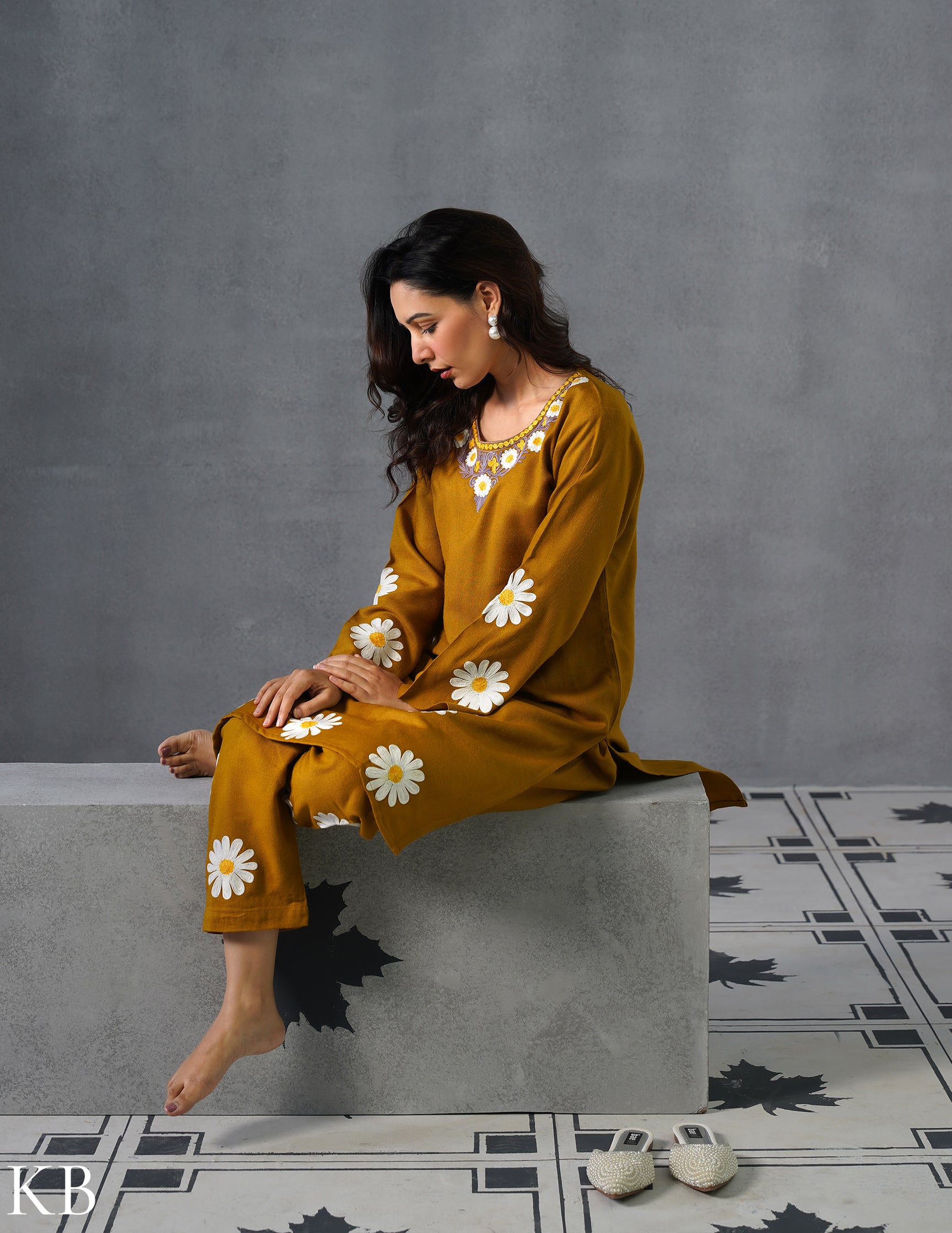 Kashmiri White, Grey &amp; Yellow Aari Embroidered Woollen Coordset – Mustard | Everyday Winter Wear - Kashmir Box